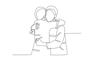 Back view of a woman hugging her boyfriend. National hugging day one-line drawing