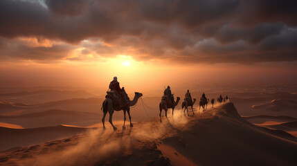Fototapeta na wymiar Camel caravan in the desert