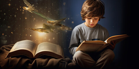 Bedtime story young boy in bed reading book learning education goodnight stories study studying children, generated ai
