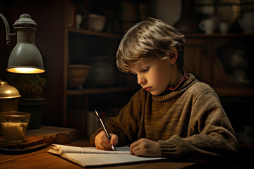 Fototapeta na wymiar Young boy reading a book doing homework learning education reading children studying, generated ai