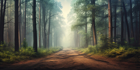 Beautiful forest woodland path pathways winding illustration sunlight woods fantasy trees, generated ai