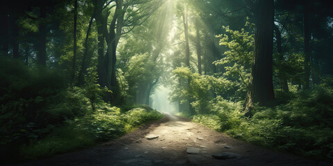 Obraz premium Beautiful forest woodland path pathways winding illustration sunlight woods fantasy trees, generated ai