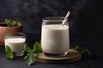 Obraz na płótnie Canvas Fresh potato milk being poured into a glass beside potatoes and basil leaves, a new vegan milk trend.