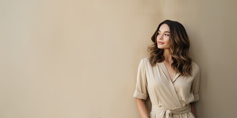Fototapeta premium brunette woman in a beige jumpsuit, generative AI