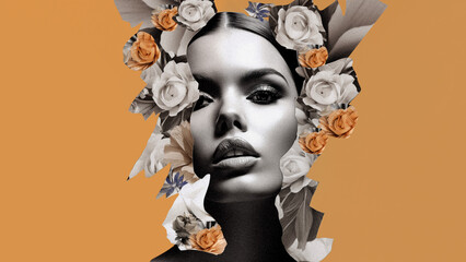 Abstract fashion art paper collage. Portrait of a woman with many flowers.