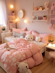 Pink children's bedroom interior decorated with cute dolls