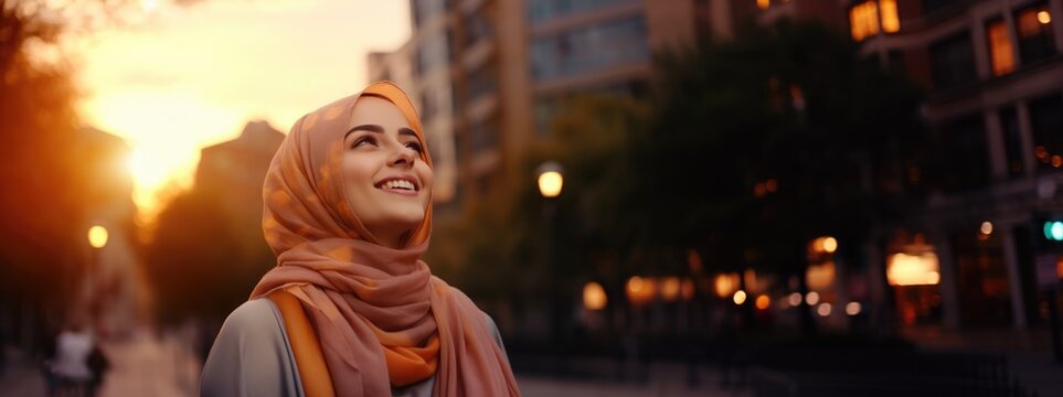 Beautiful charming young middle eastern muslim woman wearing a hijab posing at a city streets sunset looking up very happy with hope and peaceful mind