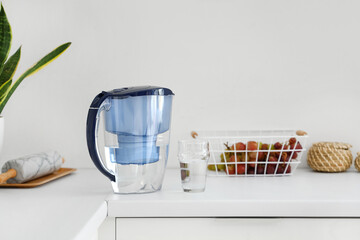 Water filter pitcher and glass on kitchen counter
