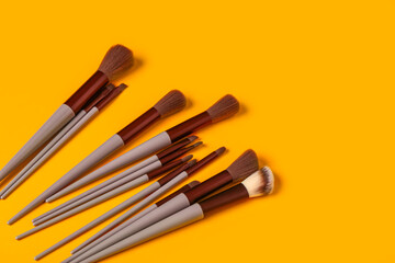 Makeup brushes on orange background