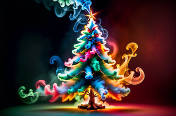 Christmas tree surrounded by colorful smoke