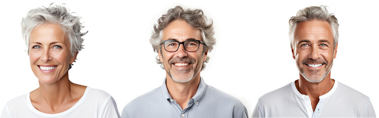 Smiling middle aged woman and man, isolation white background