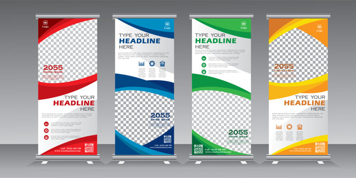 Business roll up banner stand design template with multi colors, vertical banner for  exhibition, fair, show, exposition, expo, presentation, festival, parade, events. roll up banner, pull up, 