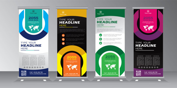 Business roll up banner stand design template with multi colors, vertical banner for  exhibition, fair, show, exposition, expo, presentation, festival, parade, events. roll up banner, pull up, 
