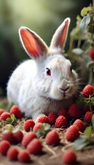 Enchanting white bunny indulges in delicious strawberries, a heartwarming AI-generated art capturing nature's sweetness. Fluffy charm, vibrant berries, and a delightful moment in exquisite detail.
