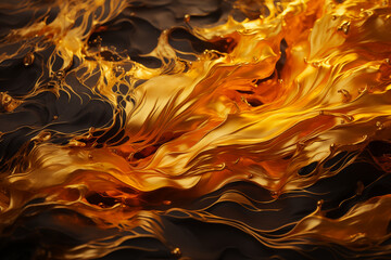 Gold fire, futuristic glowing golden fire waves background. 3D special effect black and 24k gold abstract luxury burning hot fire wallpaper graphic resource for concept, packaging, technology brochure - obrazy, fototapety, plakaty