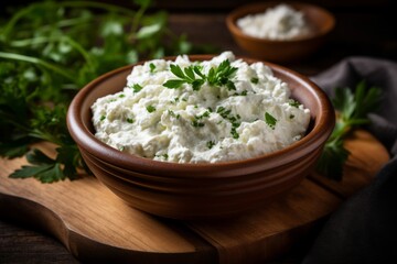 Obraz na płótnie Canvas A Bowl of Fresh, Creamy Cottage Cheese Garnished with Freshly Chopped Herbs and Served on a Rustic Wooden Table, Perfect for a Healthy Breakfast or Snack