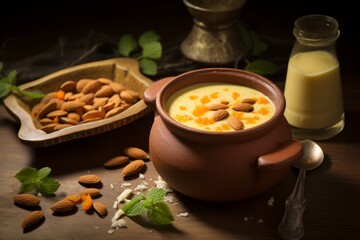 A Traditional Indian Sweet Dish 'Junnu' Made from Colostrum Milk, Served in a Clay Pot, Garnished with Almonds and Saffron, on a Rustic Wooden Table with a Spoon
