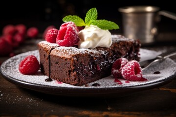 A delicious Swedish Kladdkaka, rich and gooey in the middle, dusted with powdered sugar, served...