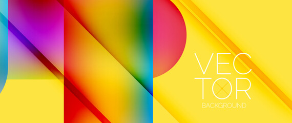 Dynamic bright colorful geometric elements with fluid gradients, lights, shadows blend in a minimal backdrop, creating captivating composition