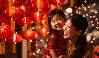 Obraz na płótnie Canvas An Asian mother happily hangs red lanterns with her daughter to celebrate Chinese New Year at home.