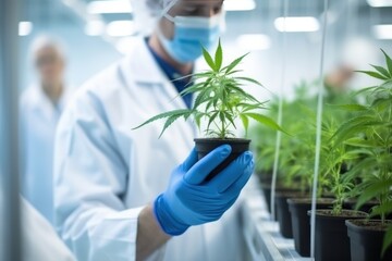 Scientist grows medical cannabis in scientific laboratory carefully checking quality of plants. Scientist lab technician in bathrobe and gloves checking medical cannabis plants in pots - obrazy, fototapety, plakaty