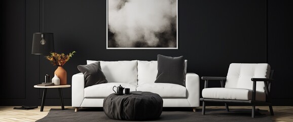 Asthetic composition of living room interior with mock up poster frame, modular sofa, black coffee table, white armchair, carpet, pouf, dark wall and personal accessories. Home decor. Template.