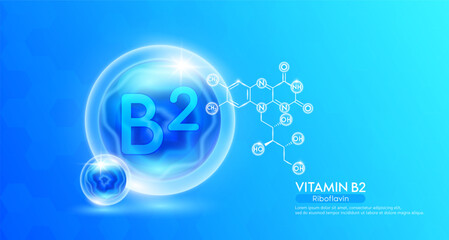 Vitamin B2. Supplement to the health body. Blue vitamins complex and chemical formula structure. Minerals collagen serum. Beauty nutrition skin care design or cosmetic. Vector.