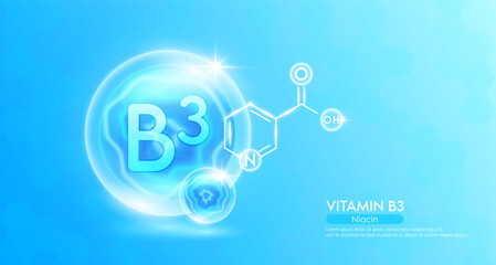 Vitamin B3 essential supplement to the health body. Blue vitamins complex and chemical formula structure. Minerals collagen serum. Beauty nutrition skin care design or cosmetic. 3D vector.