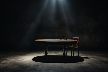 Table and chair in dark place with a spotlight from above