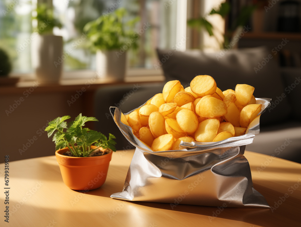 Sticker delicious potato chips on the table