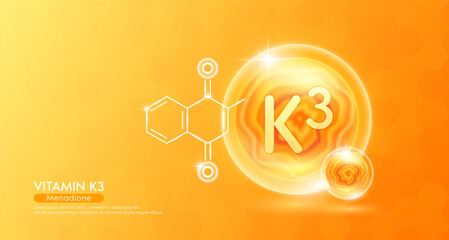 Vitamin K3 essential supplement to the health body. Orange vitamins complex and chemical formula structure. Minerals collagen serum. Beauty nutrition skin care design or cosmetic. 3D vector.