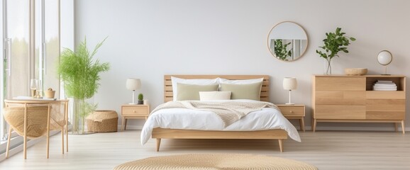 Bedroom in light colors with wooden eco furniture and accessories with a mirror and a panoramic window. The concept of a laconic Scandinavian interior. Copyspace - obrazy, fototapety, plakaty