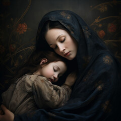 A mother and child depicted in the style of art painting, presenting religious art portraitures.