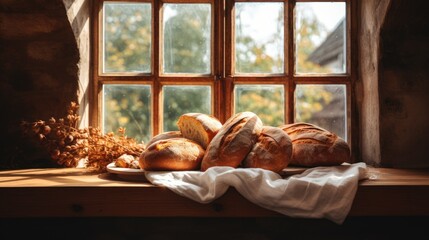 Bread Above Wood Table in Front of Window Food Photography