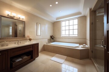 Modern and simple bathroom interior, suitable for catalog cover photos in magazines or advertisements. Generative AI