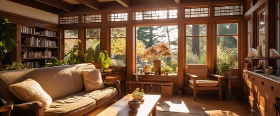 Cute craftsman cottage interiors warm colors mid century leaded windows soft airy rooms - obrazy, fototapety, plakaty