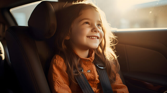 Happy girl in a child car seat wearing a seatbelt while traveling by car