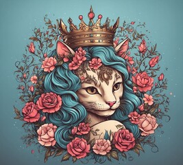 Hand drawn portrait of a cat in a crown surrounded by roses and leaves.