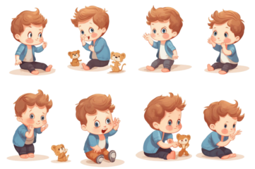 Cute baby or toddler boy vector illustration in various poses such on transparent background.