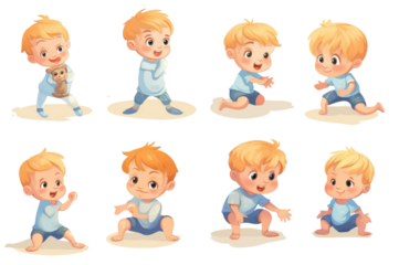 Cute baby or toddler boy vector illustration in various poses such on transparent background.