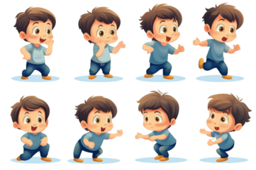 Cute baby or toddler boy vector illustration in various poses such on transparent background.
