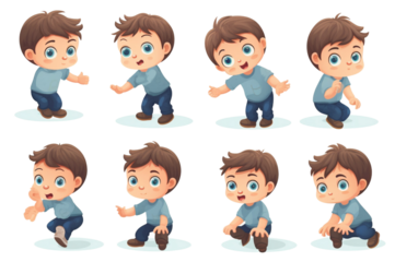 Cute baby or toddler boy vector illustration in various poses such on transparent background.