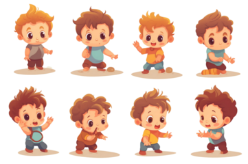 Cute baby or toddler boy vector illustration in various poses such on transparent background.