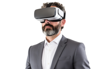 Businessman with a virtual reality headset ,full body , isolated on transparent background