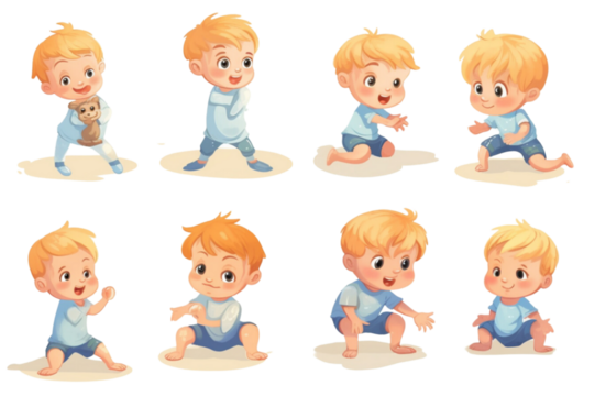 Cute baby or toddler boy vector illustration in various poses such on transparent background.
