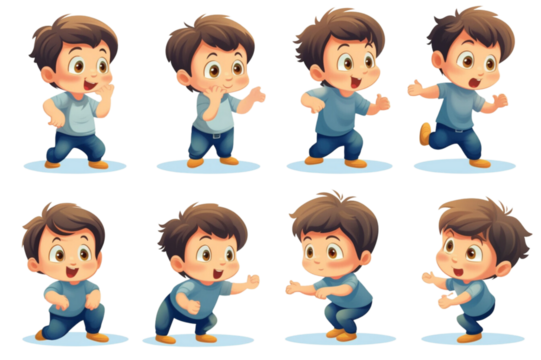 Cute baby or toddler boy vector illustration in various poses such on transparent background.