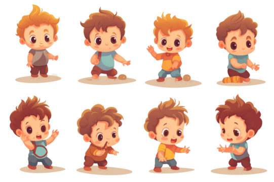 Cute baby or toddler boy vector illustration in various poses such on transparent background.
