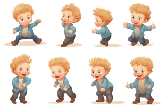 Cute baby or toddler boy vector illustration in various poses such on transparent background.