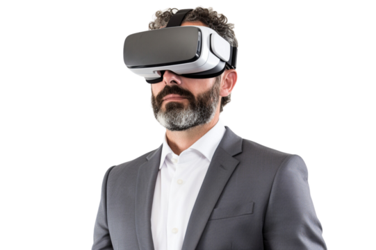 Businessman with a virtual reality headset ,full body , isolated on transparent background