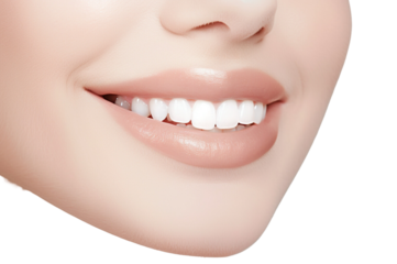 Close-up of woman perfect white teeth with a shade guide the bleach color isolated on transparent background.